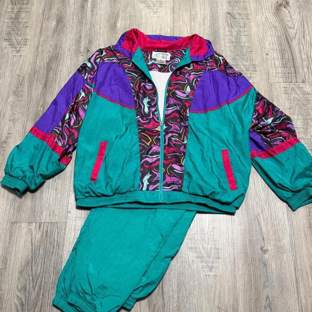 Vintage Casual Isle 90s Windbreaker Jacket Pants Set Abstract Teal XL A8 0235